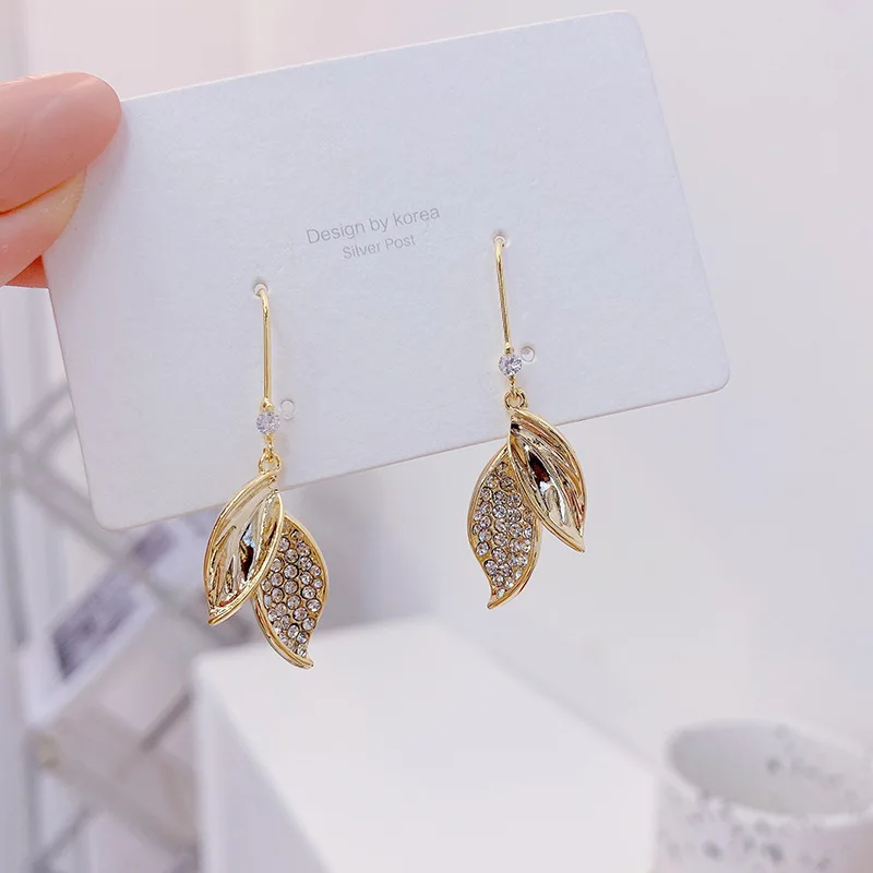 Korea New Crystal Leaf Design Pendant Earrings for Woman 2021 New Fashion Gold Earrings Female