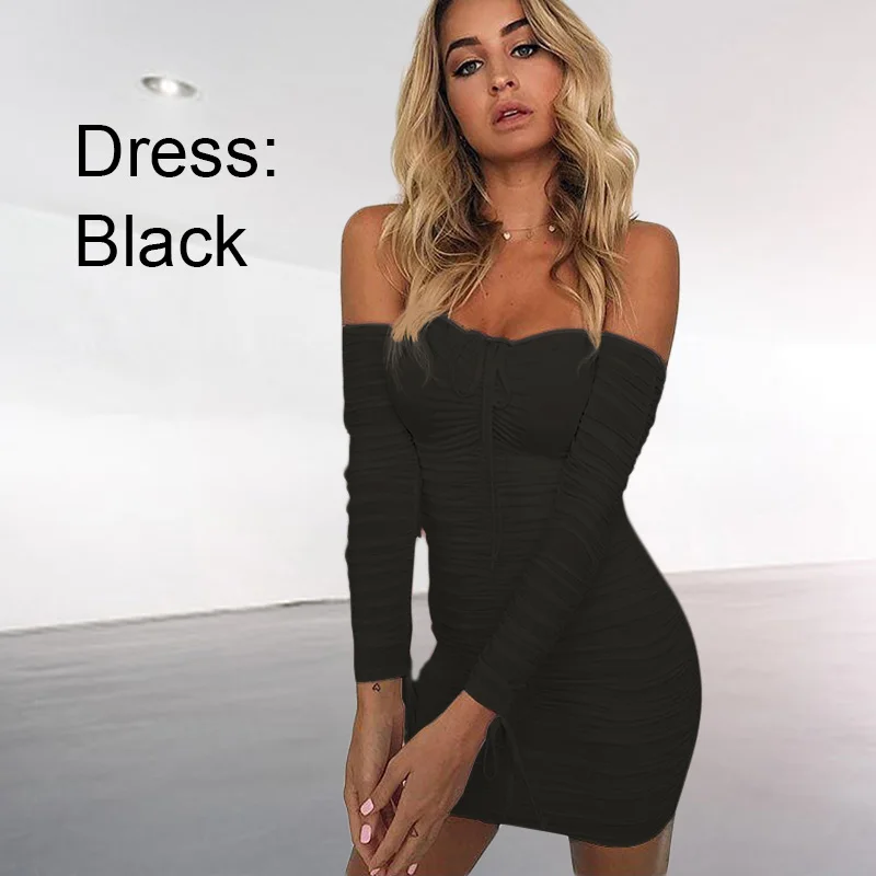 Black SheBlingBling Sexy Off Shoulder White Ruched Bandage Dress Women Mini Bodycon Dress Autumn Winter Long Sleeve Party Dress - Цвет: Black