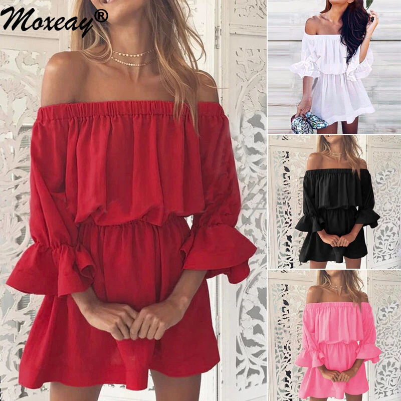 

Moxeay Cascading Ruffle Mini Holiday Dress Off Shoulder Backless Frill Ruffle Sleeve Sundress Elastic Waist Dresses Plus Size