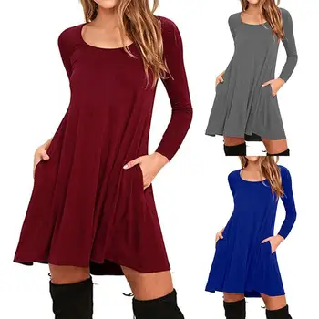 

Casual Women Solid Color O Neck Long Sleeve Pockets Large Swing Loose Mini Dress breathable and comfortable daily wear