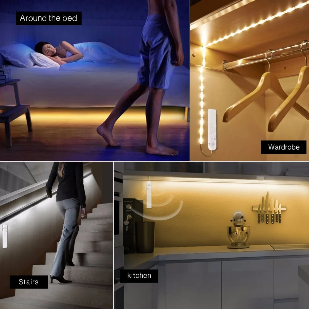  Wireless Motion Sensor LED Strip Night Light Led Strip Battery Power Under Bed Closet Wardrobe Cabi
