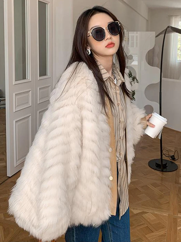 ECRURANI Lace Up Colorblock Fur Coat For Women V Neck Long Sleeve Gathered Waist Temperament Thick Coats Female New Winter 2021