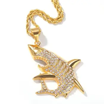 

Hip hop Stainless Steel Big Shark Pendant Necklace Gold Color Iced Out Rhinestone Ocean Animal Necklace for Men Jewelry