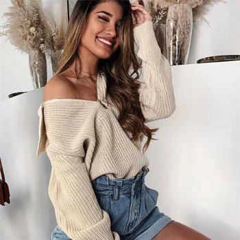 

Winter Casual Fluffy Fleece Sweater Tops Women One Shoulder Simple Warm Solid Long Sleeve Zipper Sweater Jumper Pullover Tops