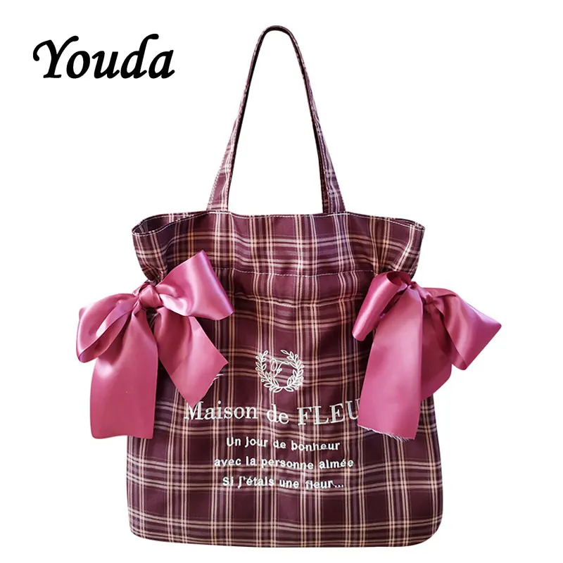 Youda Plaid Women Simple Shoulder Bag Soft Cloth Fabric Handbag Large