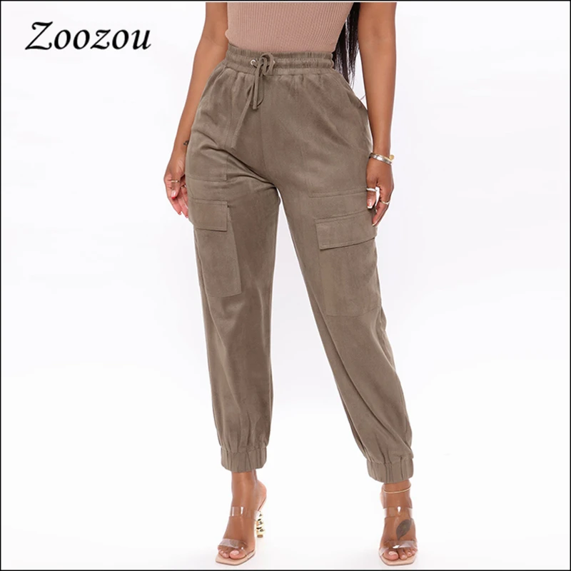 

Women Suede Leather Joggers Sweatpants Autumn Winter Faux Leather Warm Loose Cargo Pants Drawstring Waist Casual Trousers Custom