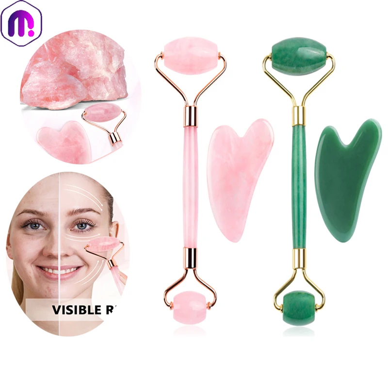 Natural Rose Quartz Jade Roller Gua Sha Set Facial Body Massager Roller Jade Stone Massage Set Face Lifting Beauty Massage Tool tumbeelluwa natural amethyst worry stone pocket thumb massage stone healing reiki spiritual therapy finger body massage