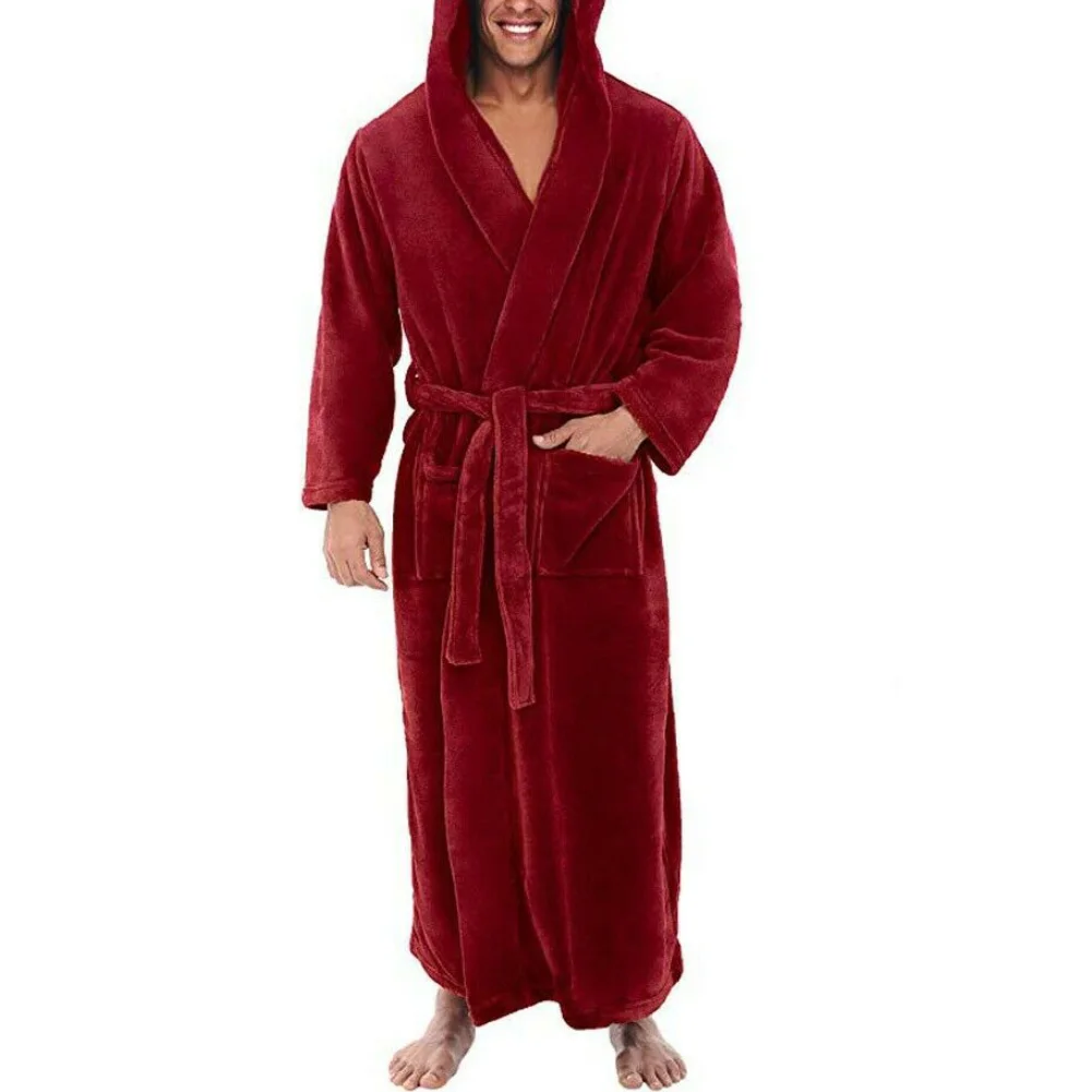 Men Soft Fleece Solid Color Pockets Long Bath Robe Home Gown