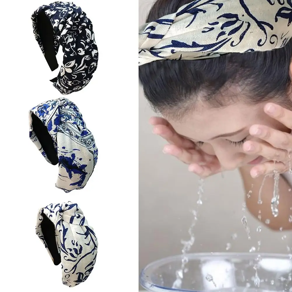 

Fashion Elastic Wide Edge Printed Linen Headband National Style Fabric Knotted Headbands Hairpin Hair Ornament Accessories