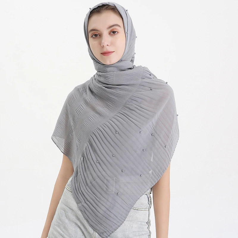 

F&U Tr-cotton Narrow stripe shape With Pearls Long Soft Scarf Solid Color Wrap Luxury Shawl and Headband Fashion And Warm For W