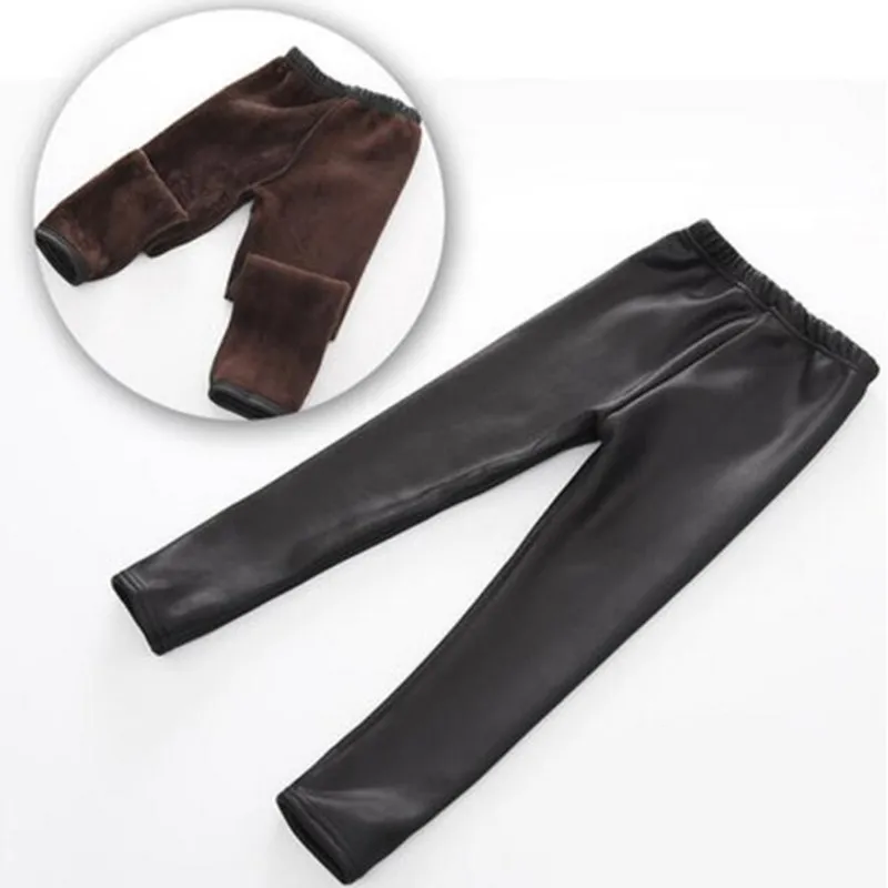 Детские зимние плотные флисовые леггинсы из искусственной кожи детские теплые кожаные штаны с эластичной резинкой на талии для девочек Однотонные Стрейчевые брюки размер 100-150