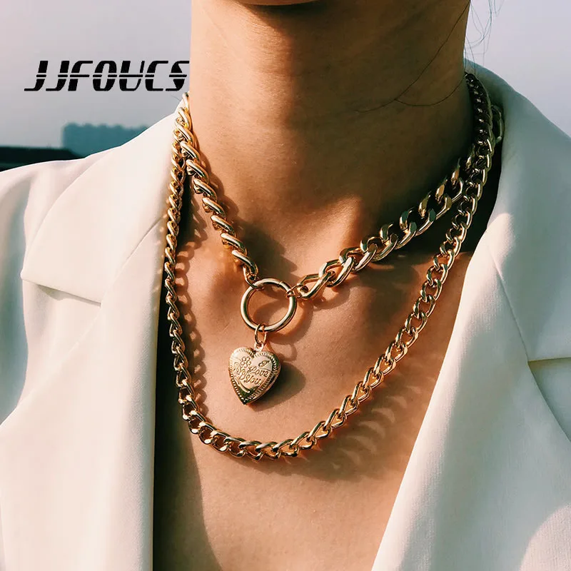 JJFOUCS Punk Choker Necklace Collar Women Male Jewelry Multilayer Metal Thick Chain Heart Pendant Steampunk Accessories | Украшения и