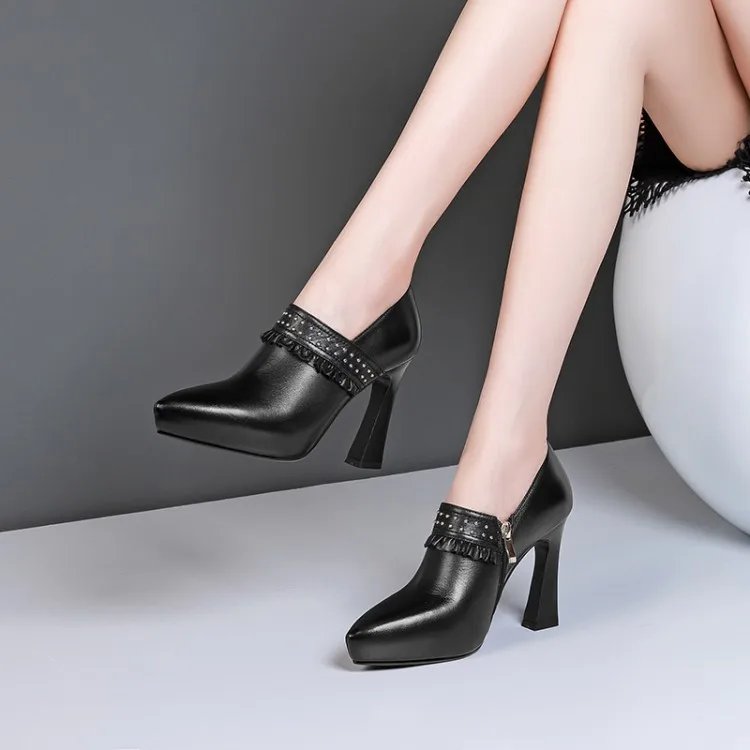 

Autumn New Style Deep Mouth Chunky-Heel Waterproof Platform Rivet Solid Color Genuine Leather Solid Color Side Zipper with Holes