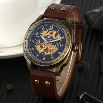 

Punk Fashion Bronze Stainless Steel Automatic Mechanical Men Watch Brown Genuine Leather Watch Band Gold Skeleton Men's Watch