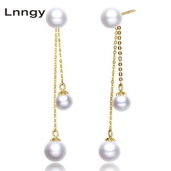 

Lnngy 18K Yellow Gold Drop Earrings Natural Cultured Freshwater Pearl Women Wedding Long Dangle Ear Wear Fine Jewelry Gift