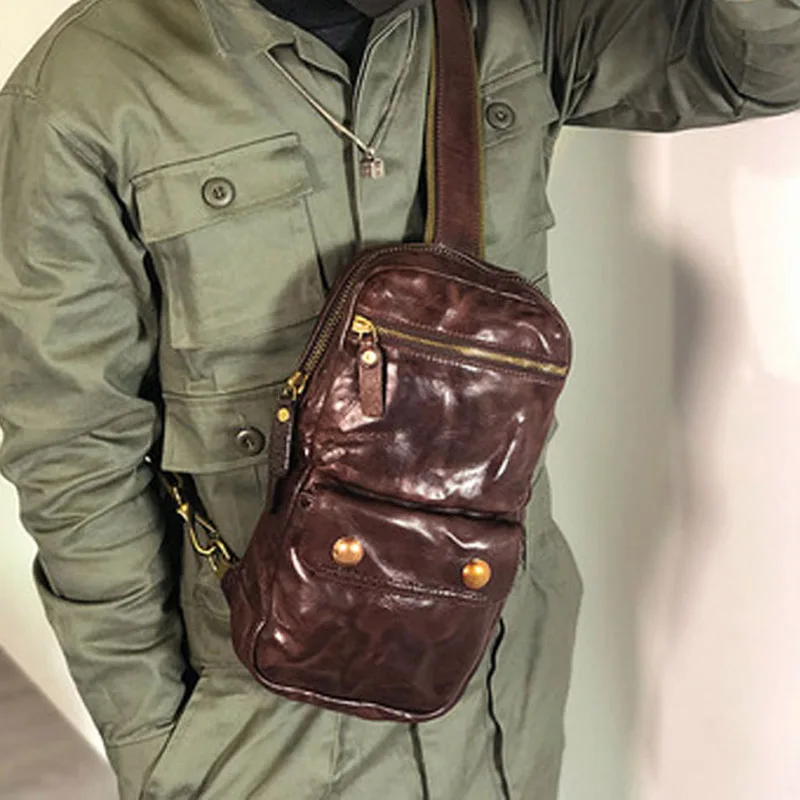 

Original new retro leather fold top layer cowhide men's chest bag multi-function messenger bag casual men's trendy backpack