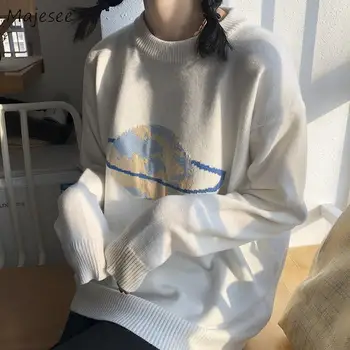 

Sweaters Women Sweet Simple Keep Warm All-match Leisure Loose Students Printed Knitted O-neck Korean Style Pullovers Fashionable