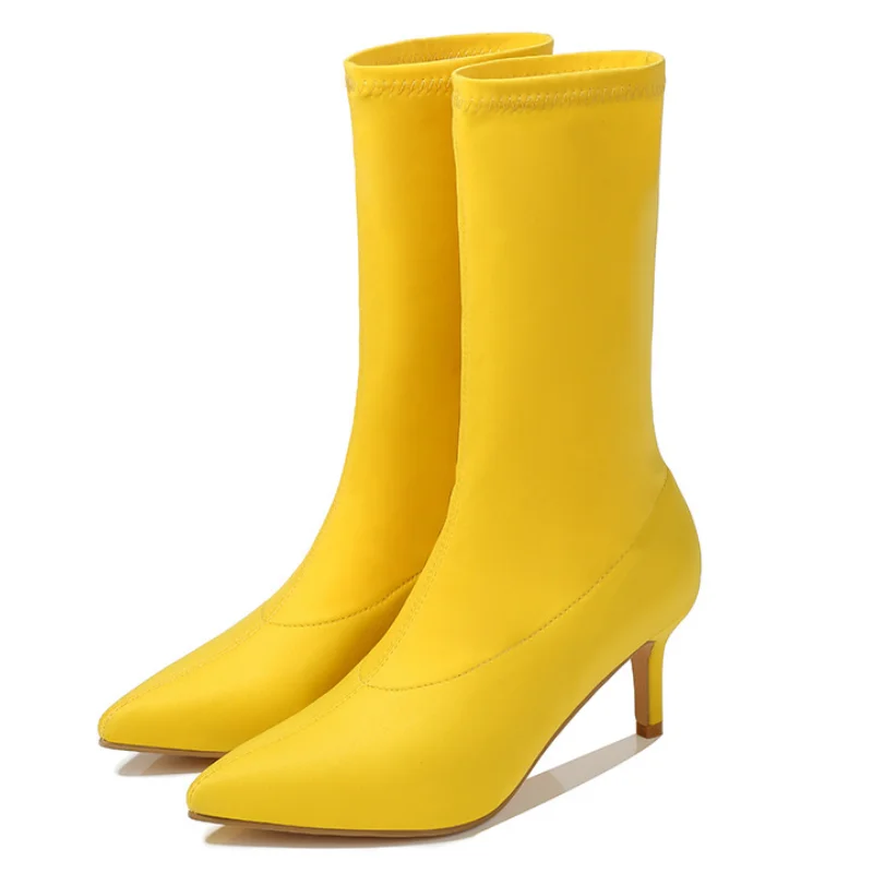 Platform Boots Women Boots Candy Color Stretch Fabric Slip On Boots Women Pointed Toe Autumn Winter Pumps Botas Female Heels Party Shoes Size 35-42 WSH4200