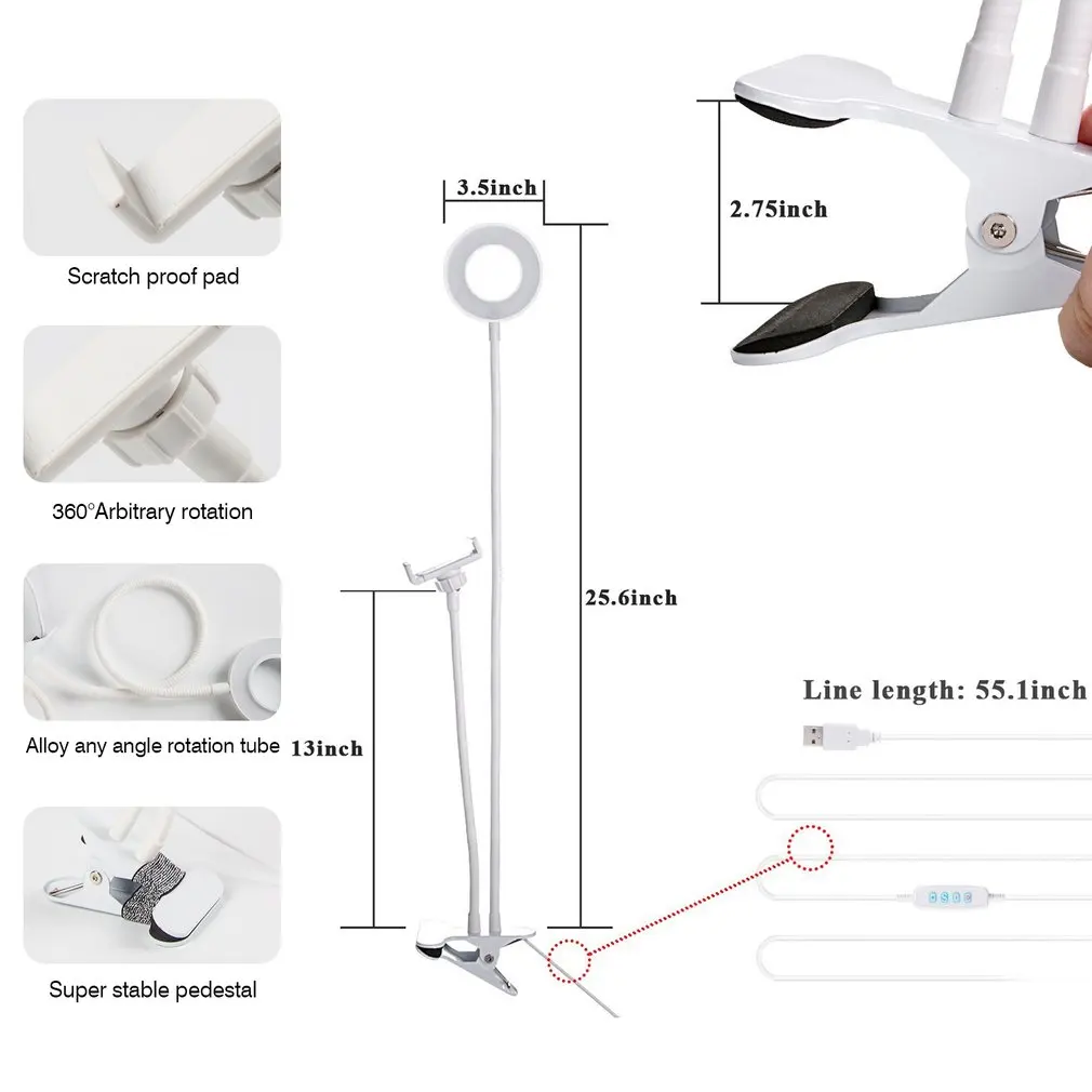 2-в-1 держатель сотового телефона со светодиодный селфи кольцо светильник для трансляция Телефон Клип держатель Регулируемая Настольная лампа макияж светильник