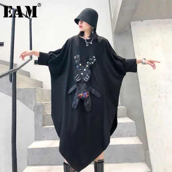 

[EAM] Women Pattern Printed Back Mesh Asymmetrical Big Size Dress New Round Neck Loose Fit Fashion Tide Spring Summer 2020 1T461