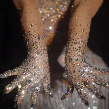 Luxuoso estiramento strass luvas feminino sparkly cristal malha luvas longas dançarino cantor discoteca dança palco mostrar acessórios