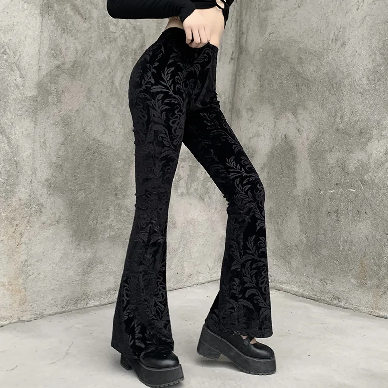 

NCLAGEN Print Gothic Black Women High Waist Velour Flared Pants Vintage Streetwear Fashion Trousers Harajuku Mujer Capris Pant