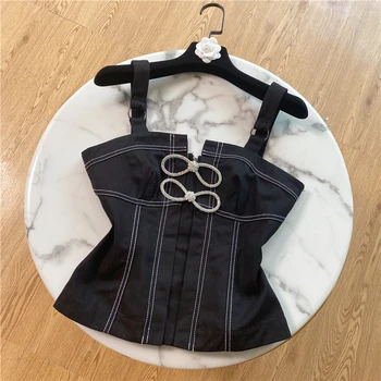 

2020 Summer New Strap Small Shirt Lady Slimming Heavy Industry Crystal Bow Open Line Camisole Top Women Sexy Tanks Tops Camisole