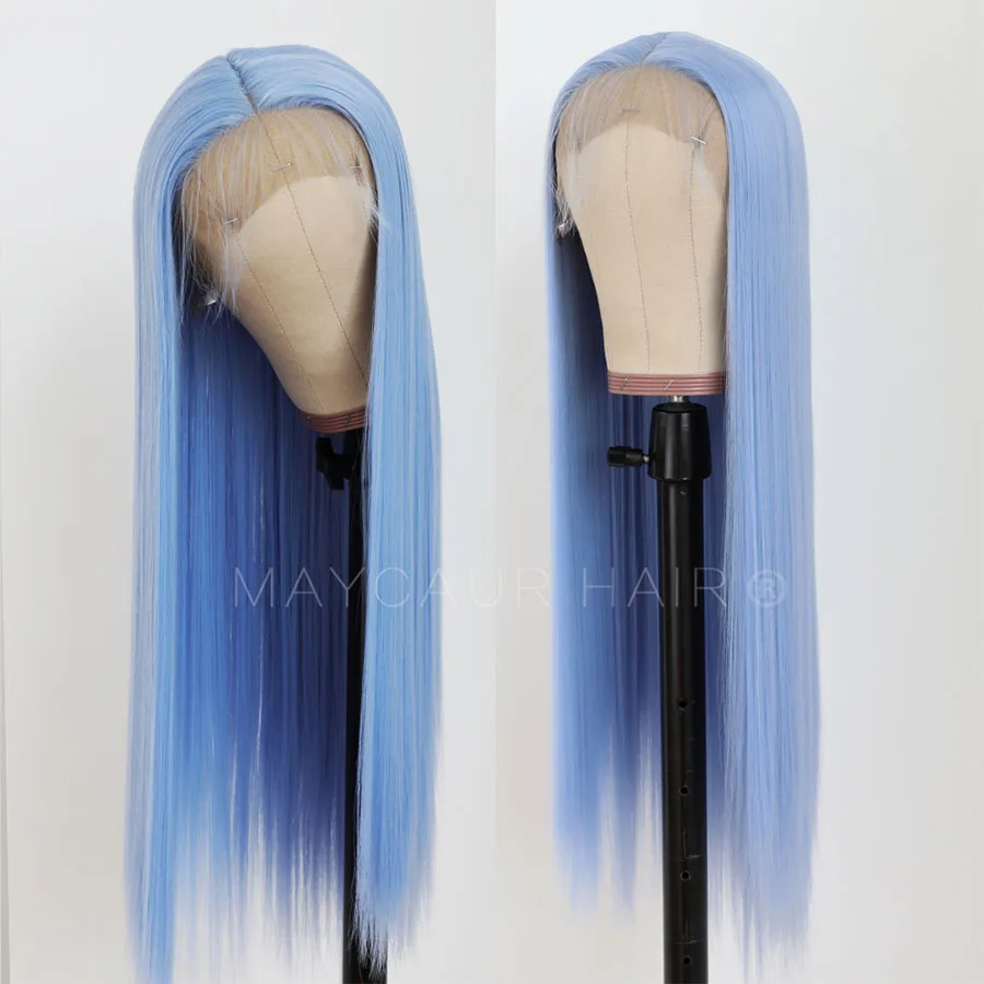 Maycaur Light Blue ace Front Wigs Long Straight Hair 20 Inch Wigs for Fahison Women Synthetic Lace Front Wigs (4)
