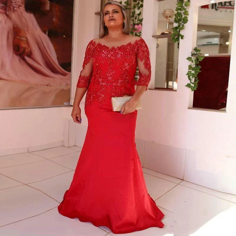 Red Mermaid Moeder van De Bruid Jurken Sheer Hals 3/4 Lange Mouwen Sweep Trein Applique Kralen Moeder Bruiloft Gast Jurken Red Mermaid Moeder van De Bruid Jurken Sheer Hals 3/4 Lange Mouwen Sweep Trein Applique Kralen Moeder Bruiloft Gast Jurken
