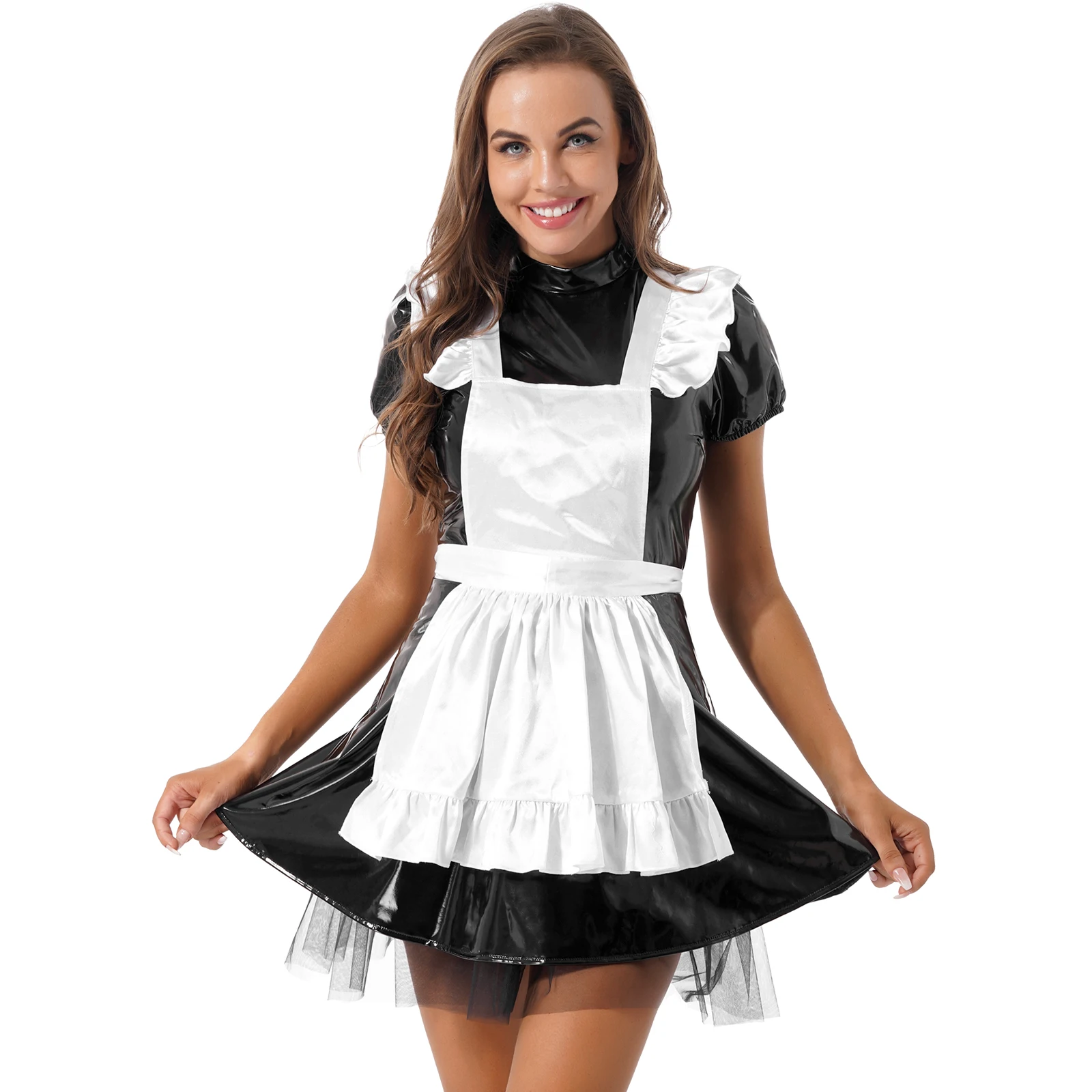 

Women Maid Cosplay Outfits Wet Look Patent Leather Mock Neck Puff Sleeve Dress with Lace-up Ruffle Apron Maid Role Play Costumes