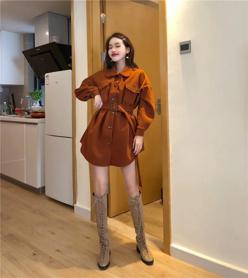 Autumn And Winter New Style Korean-style Elegant Waist Hugging Slimming Short-height Mid-length Lantern Sleeve Woolen Jacke