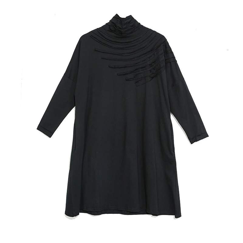 [EAM] женское черное плиссированное платье большого размера с разрезом, новинка, водолазка с длинным рукавом, свободный крой, мода, весна-осень 19A-a788 - Цвет: black