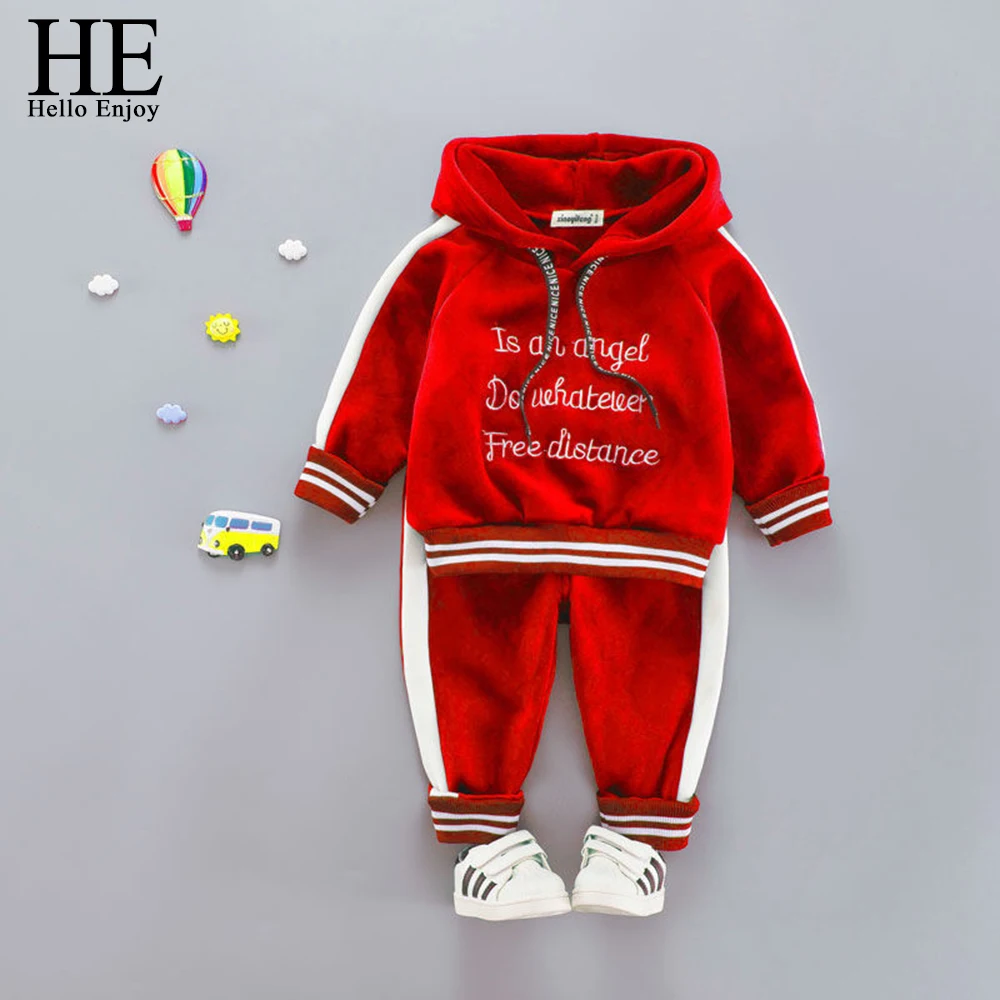 HE Hello Enjoy/Теплый комплект одежды для маленьких девочек и мальчиков, детский бархатный осенне-зимний комплект с капюшоном и надписью для детей 1, 2, 3, 4, 5 лет - Цвет: Красный