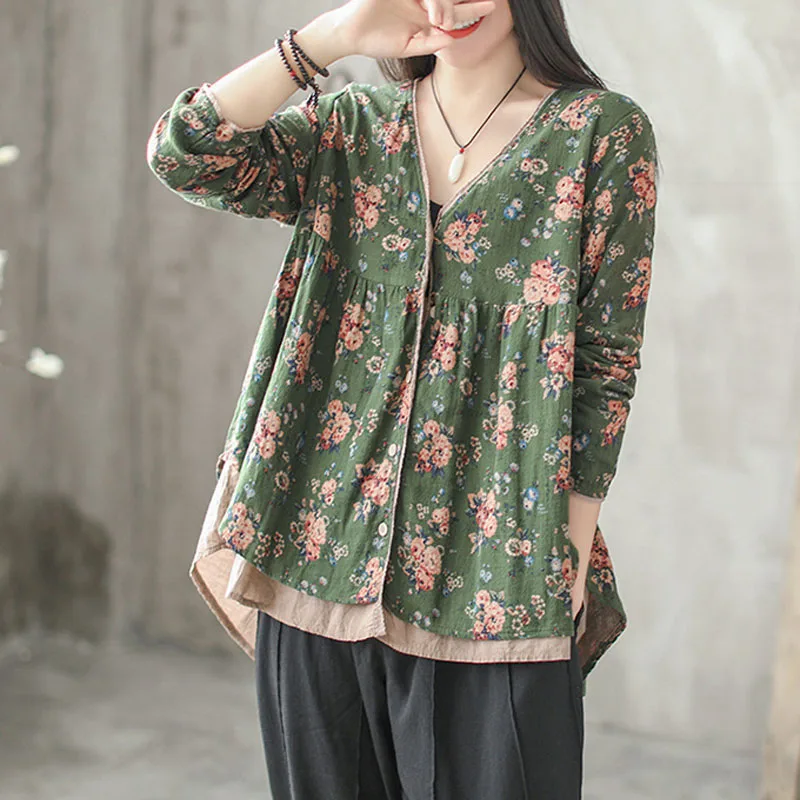 

Vintage Floral Cardigan Button Cotton Linen Tops Long Sleeve Autumn Shirt Blouse V Neck Mori Girls Blusas FRoupa Feminina 2019