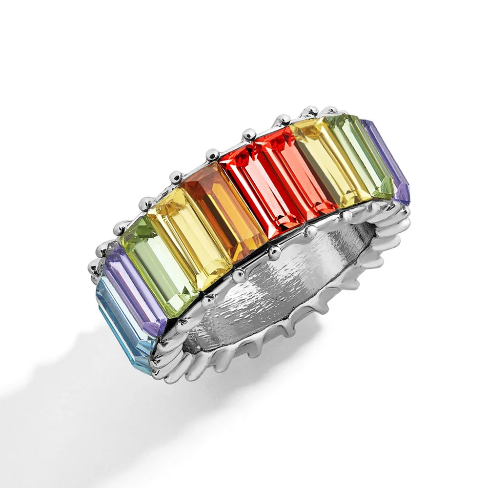 KMVEXO 15 цветов изящное Радужное кольцо разноцветный кристалл вечность квадратный багет серебряное кольцо на палец женские свадебные украшения