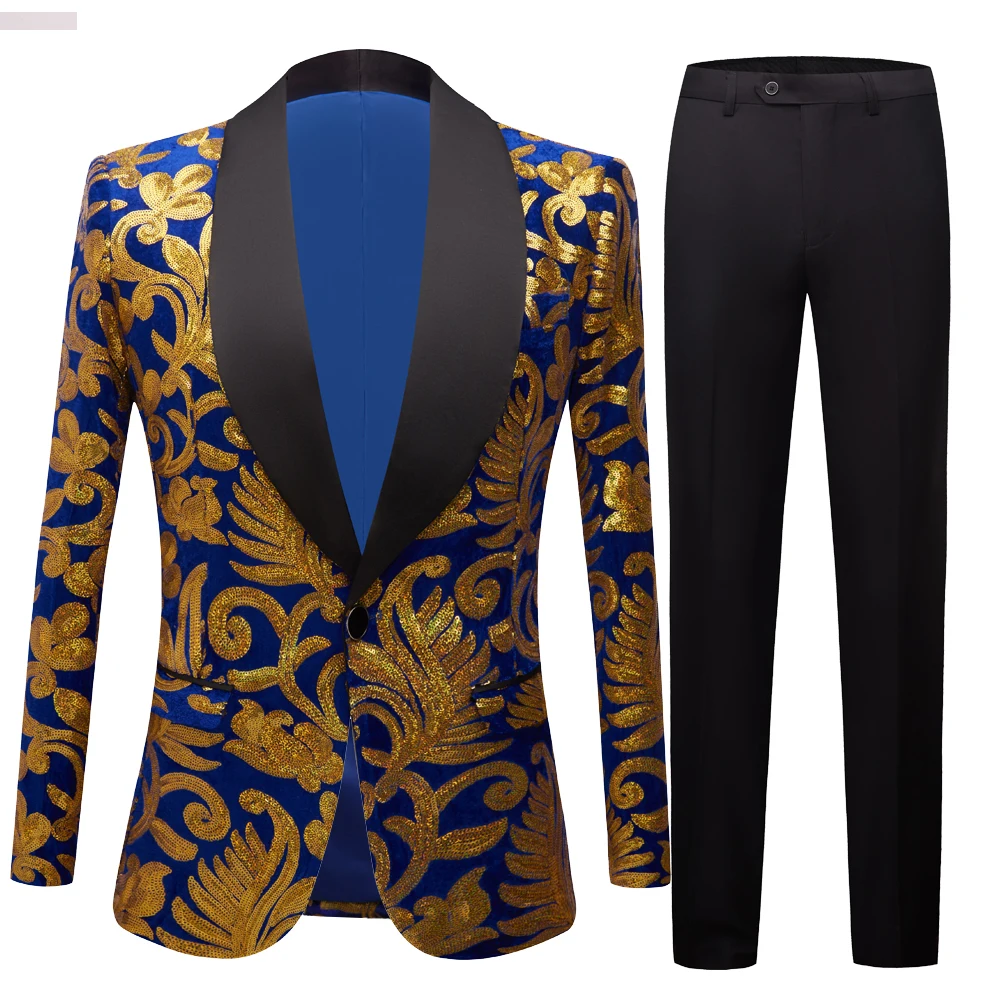 Men's Shiny Gold Sequin Glitter Embellished Blazer Coat Man Nightclub Blazer Wedding Party Suit Jacket Stage Singers 2 Piece Set