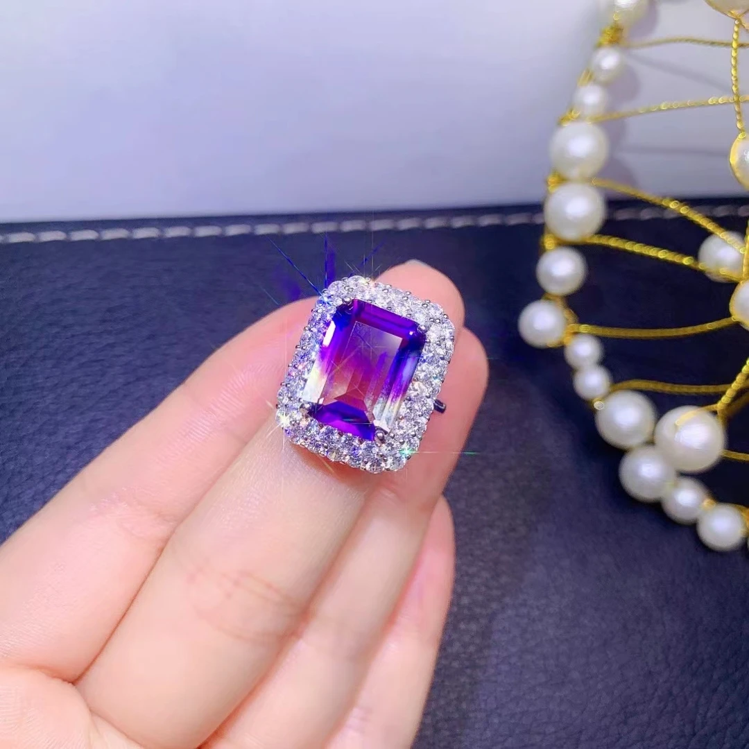 Fine Jewelry 925 Sterling Silver Inset With Gemstone Women's Luxury Vintage Rectangle Ametrine Adjustable Ring Support Detection
