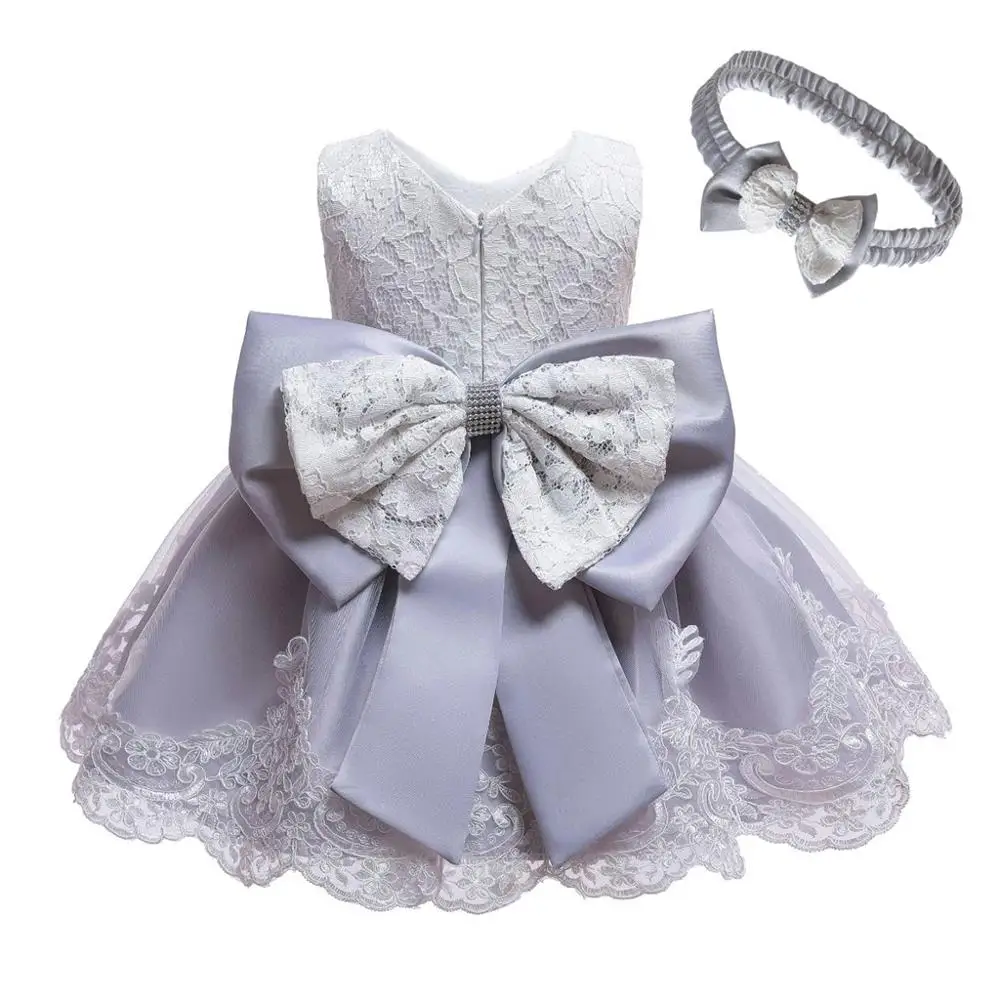 Кружевное платье для малышей розовое платье для крещения с большим бантом для девочек 1 год, платье для дня рождения, свадьбы, коллекция года, летнее платье для маленьких девочек, A2 - Цвет: Серый