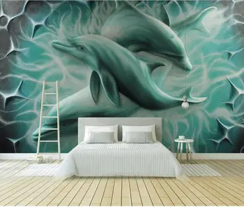 

CJSIR 3D Embossed Dolphin TV Sofa Background Wall Painting Custom Large Mural Green Wallpaper Papel De Parede Para Quarto