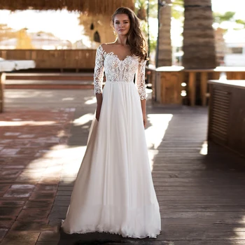 

Jiayigong Beach Wedding Dresses Cheap Three Quarter Sleeves Scoop Applique Chiffon Boho Wedding Dress Long Vestidos De Noiva
