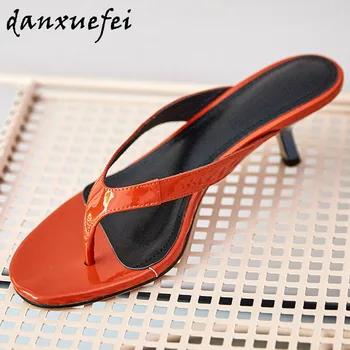 

Women's genuine leather summer thin high heel flip-flop open toe elegant ladies slim casual daily footwear high quality shoes