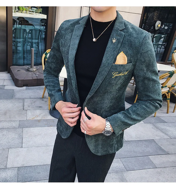 Красивый мужской блейзер, пиджак, золотая вышивка, Terno Masculino, корейский мужской блейзер, вельветовый Блейзер, Мужской приталенный зеленый, хаки, серый