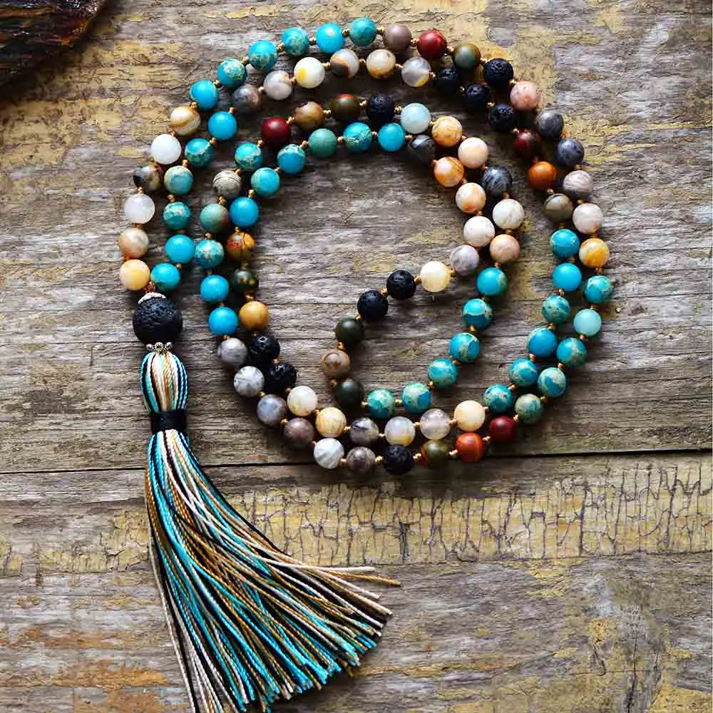 Women Beads Necklace 6MM Natural Stone Lava Rock Tassel Necklace Boho Lariat Mala Yoga