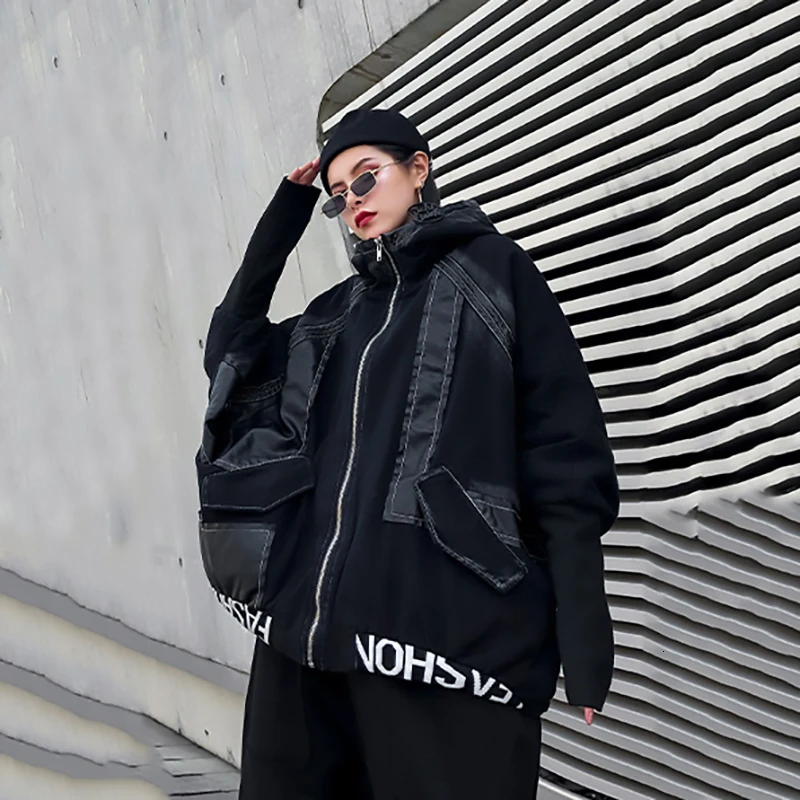 [EAM] Loose Fit Black Denim Split Big Size Jacket New Hooded Long Sleeve Women Coat Fashion Tide Autumn Winter 1K346