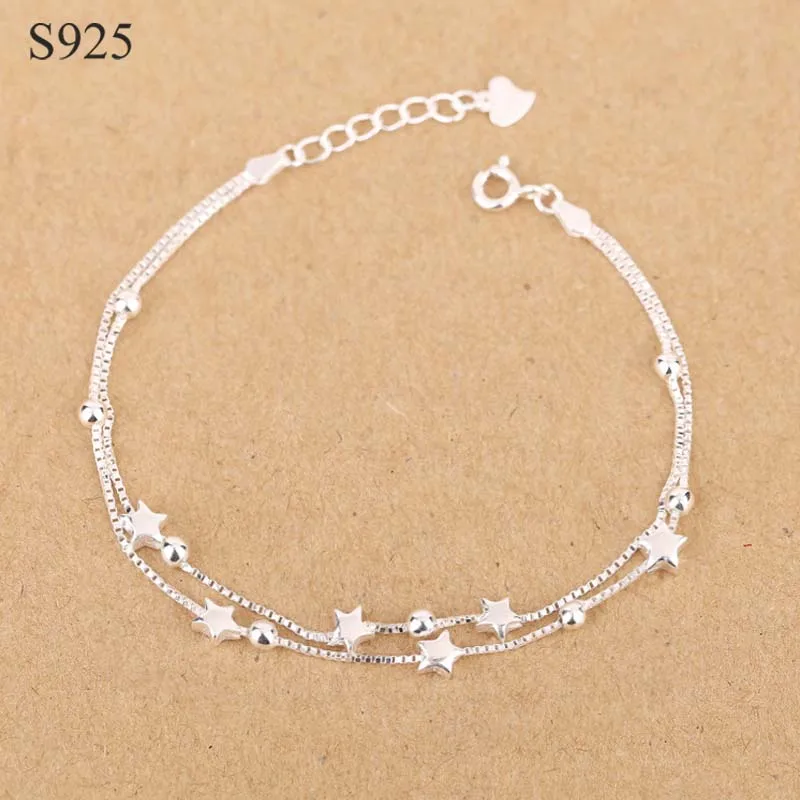 

Genuine Real Pure Solid 925 Sterling Silver Bracelets Bangles for Women Jewelry Star Double Chain Female Hand Wristband