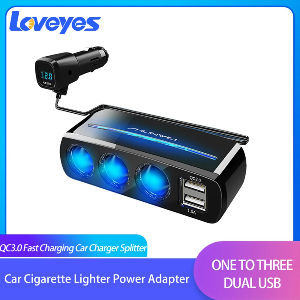 Dual USB Car Charger One To Three Cigarette Lighter Socket Splitter Power  Adapter  Fast Charging Car Accessories 1939D