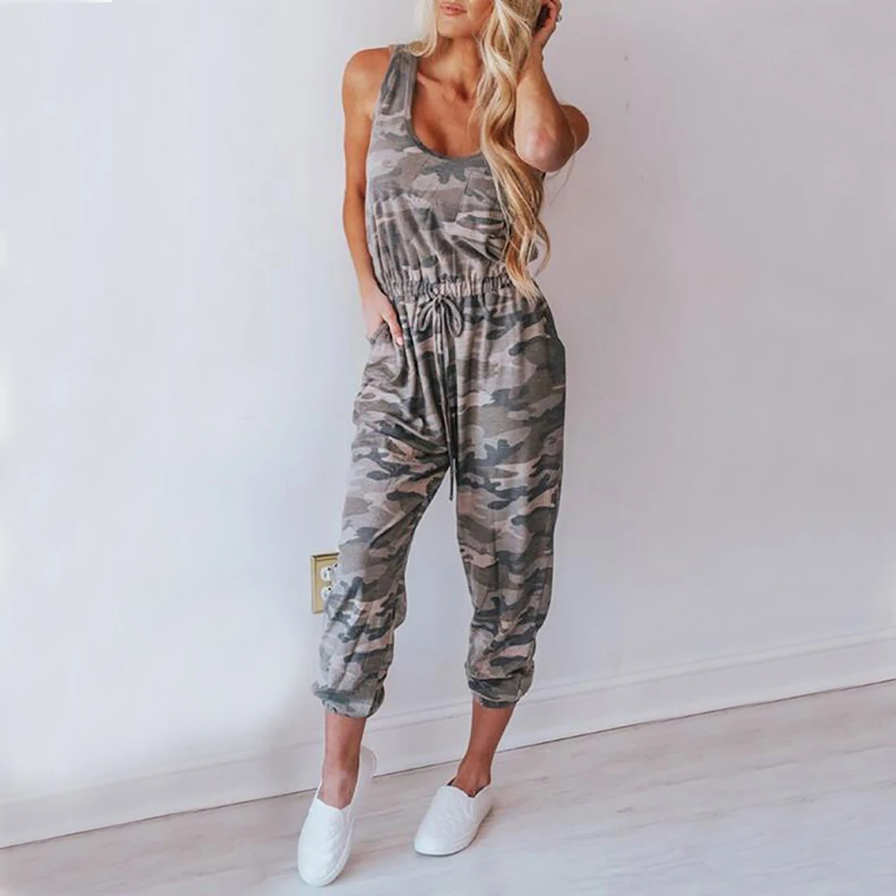 

Camouflage Printed Jumpsuit Women Summer Fashion Sleeveless Round Neck Drawstring Side Pocket Ankle-Length Jumpsuit D30