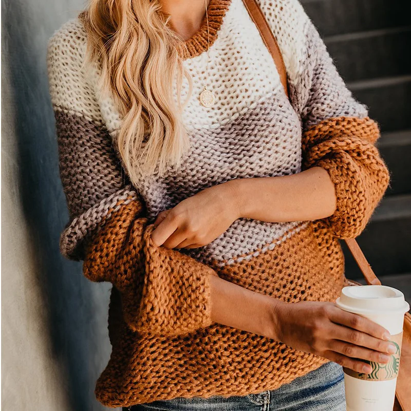 

Women O neck Knit Sweater Long Sleeve Pullover Loose Color Block Sweater Pull Femme Jumpers Sweter