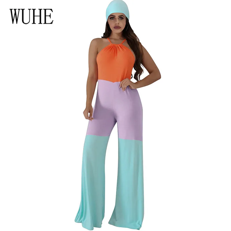 

WUHE Vintage Mid Waist Belted Jumpsuits New Arrival Fashion Stitching Halter Long Playsuits Summer Sleeveless Wide Leg Overalls