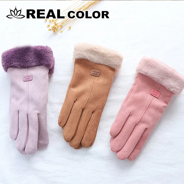 

Winter Female Lace Warm Cashmere Three Ribs Cute Bear Mittens Double thick Plush Wrist Women Touch Screen Driving Gloves GST3-8